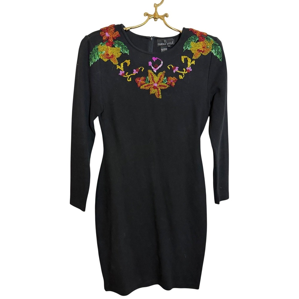 Carole Little VNTG Black Beaded Floral Long‎ Sleeve Scoop Neck Mini Dress Size S